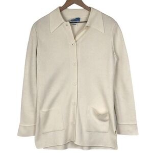 VTG LeRoy Cardigan Women's Sz L Ivory‎ Acrylic Button Collar Pockets Grandma